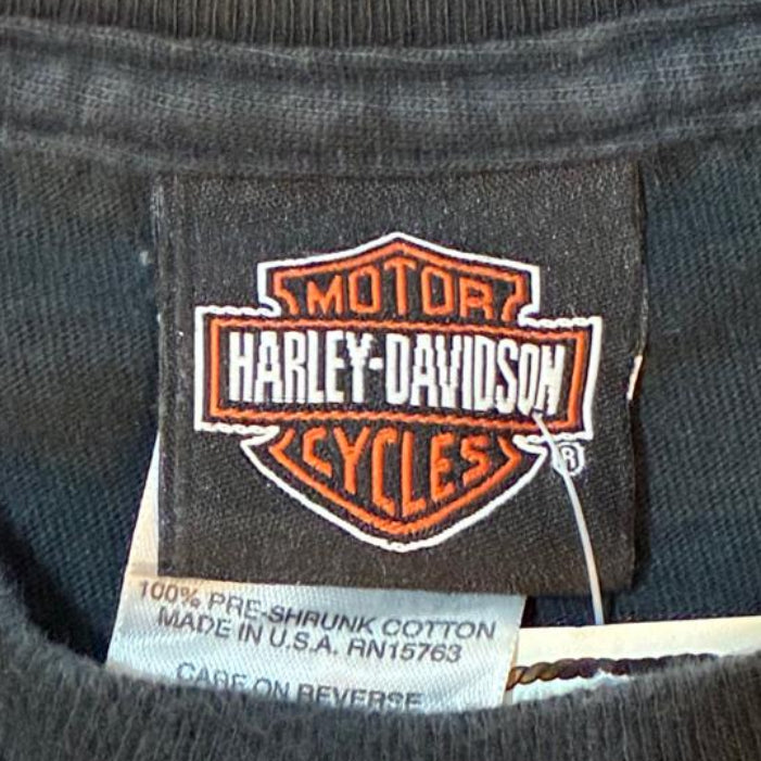 Camiseta vintage Harley-Davidson negra talla M con estampado frontal de doble águila y logo Bar & Shield, estilo biker original.