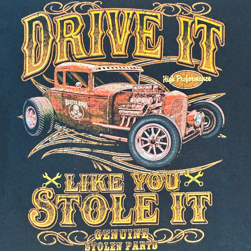 Camiseta vintage negra Hot Rod con coche clásico y texto Drive It Like You Stole It talla L