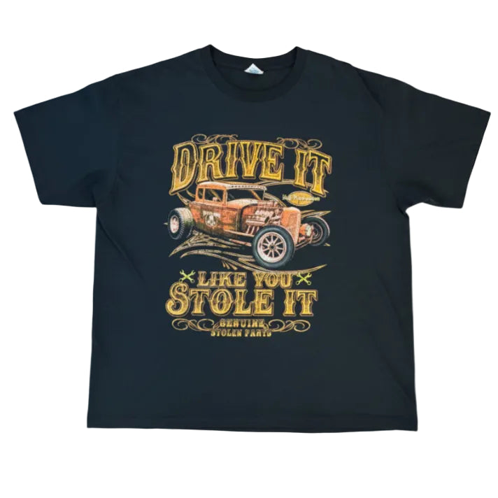 Camiseta vintage negra Hot Rod con coche clásico y texto Drive It Like You Stole It talla L