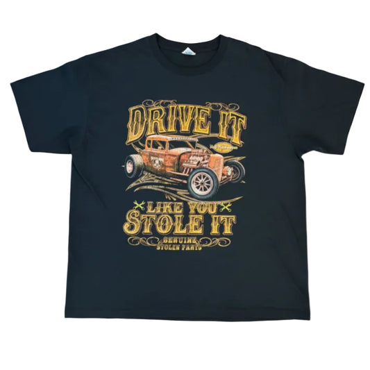 Camiseta vintage negra Hot Rod con coche clásico y texto Drive It Like You Stole It talla L