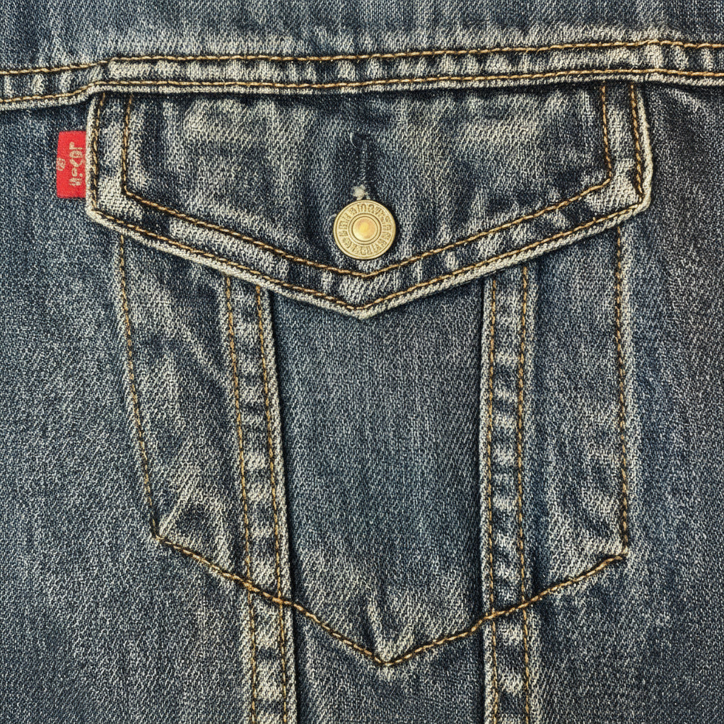 Chaqueta Levi's sherpa vintage estilo denim con forro cálido, disponible en Good Luck Vintage Canarias