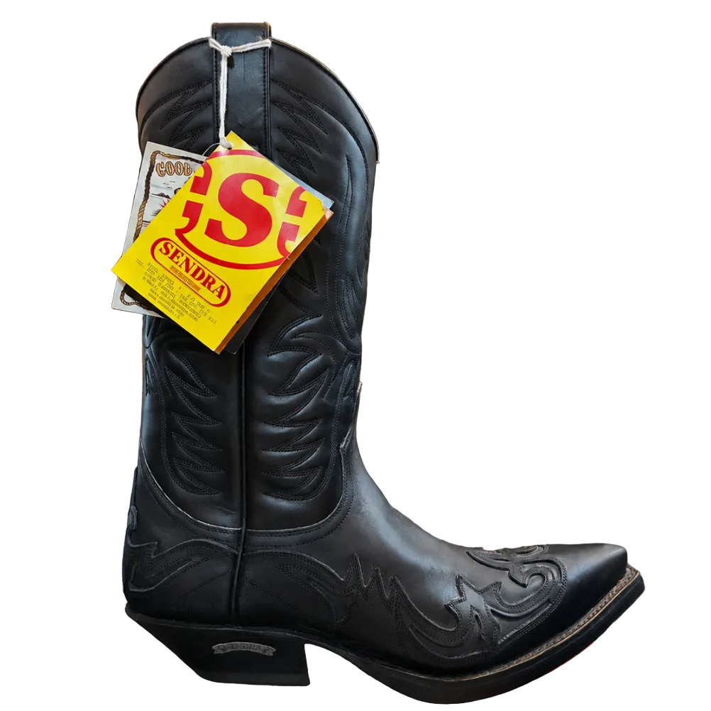 Botas cowboy Sendra negras de piel con bordados western tono sobre tono y puntera afilada talla 41