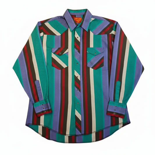 Camisa western Rustler vintage de manga larga con rayas verticales multicolor, doble bolsillo y botones automáticos. Talla XL