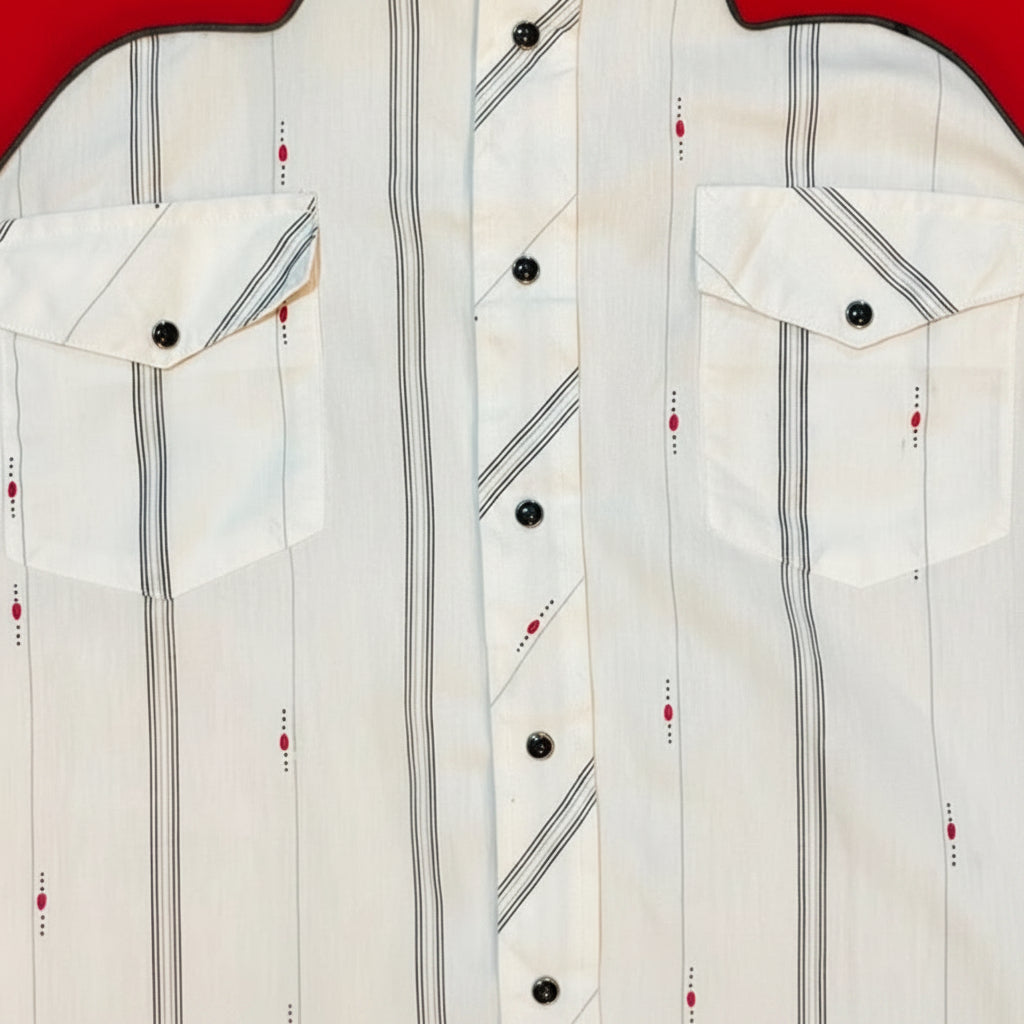 Camisa western vintage Kenny Rogers talla L blanca y roja con rayas grises