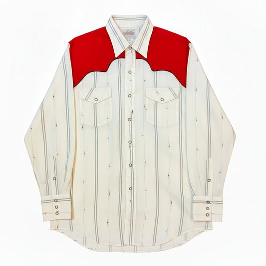 Camisa western vintage Kenny Rogers talla L blanca y roja con rayas grises