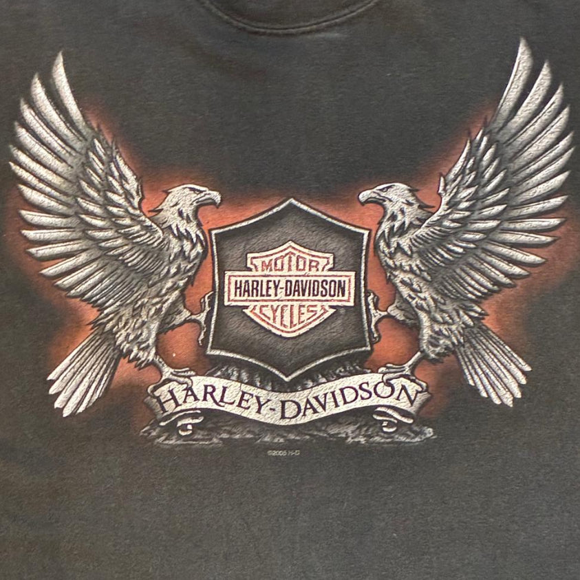 Camiseta vintage Harley-Davidson negra talla M con estampado frontal de doble águila y logo Bar & Shield, estilo biker original.
