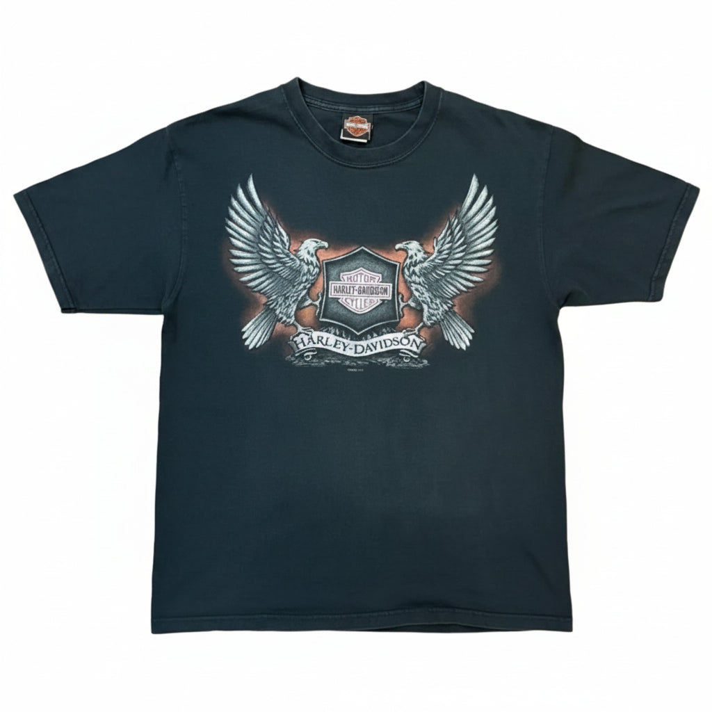 Camiseta vintage Harley-Davidson negra talla M con estampado frontal de doble águila y logo Bar & Shield, estilo biker original.