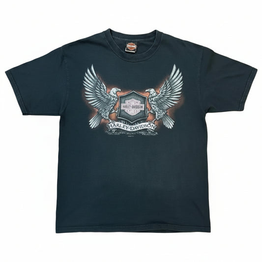 Camiseta vintage Harley-Davidson negra talla M con estampado frontal de doble águila y logo Bar & Shield, estilo biker original.