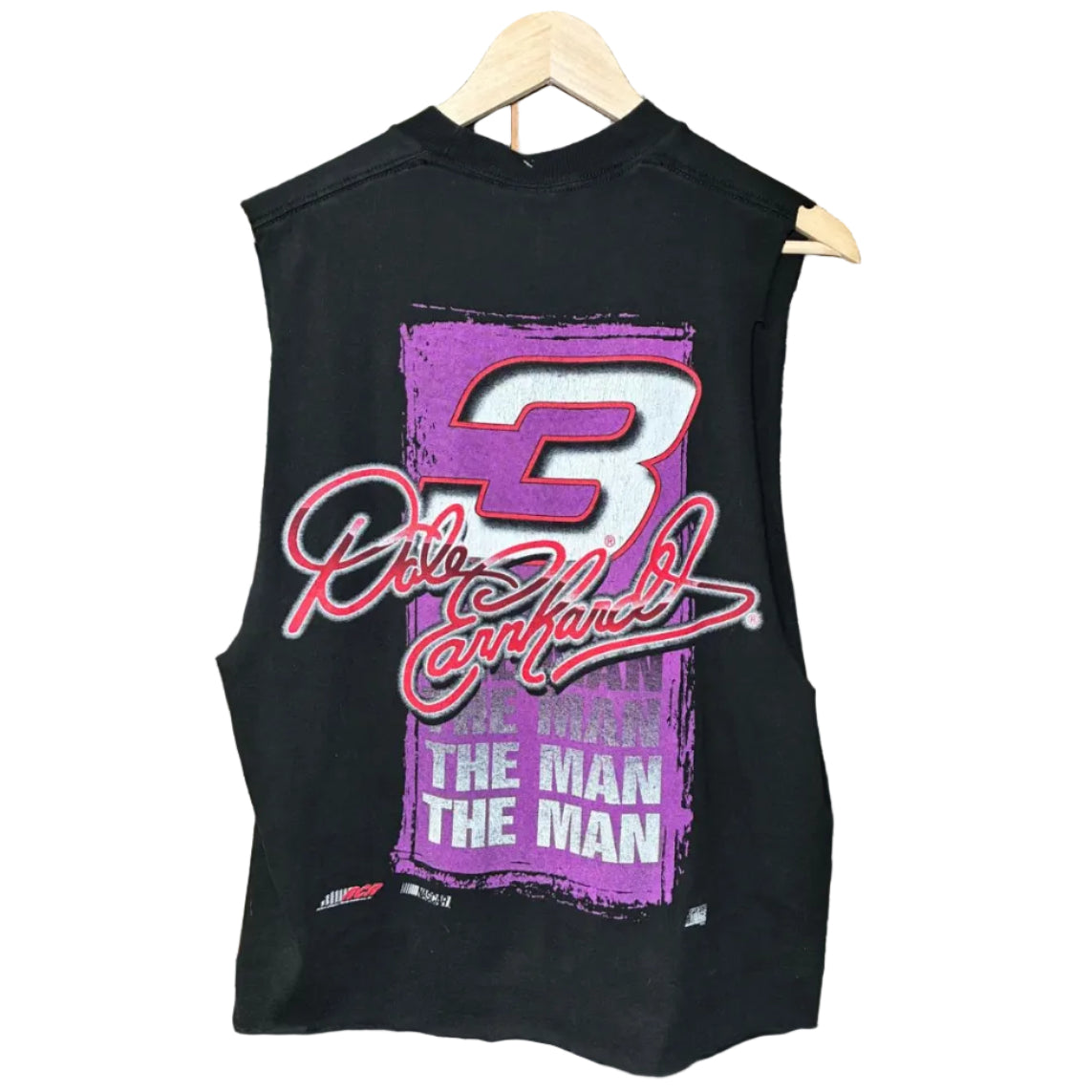 Camiseta vintage NASCAR negra sin mangas y cropped con estampado de Dale Earnhardt nº 3 y coche de competición. 