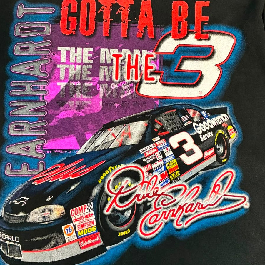 Camiseta vintage NASCAR negra sin mangas y cropped con estampado de Dale Earnhardt nº 3 y coche de competición. 